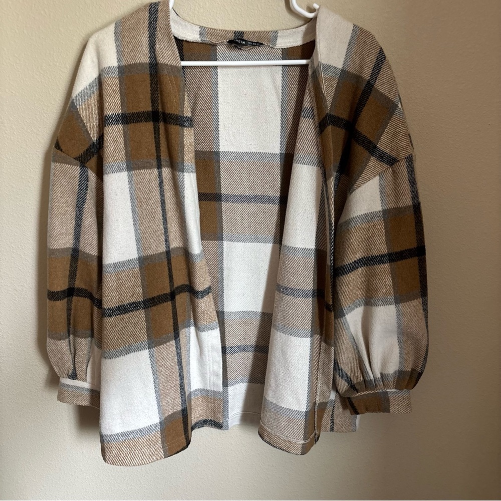 SHEIN Brown and Cream balloon sleeve Shacket